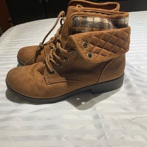 Brown Lace Up Bootie with Brown/Orange Plaid lining.
